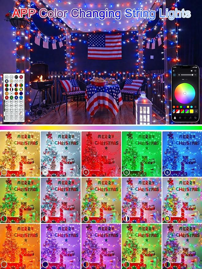 Smart Color Changing 4th of July Lights with Remote & App, 198FT 600LED Red White and Blue Twinkle Lights with Timer, RGB Patriotic Fairy String Light Waterproof Indoor Outdoor Independence Day Decor