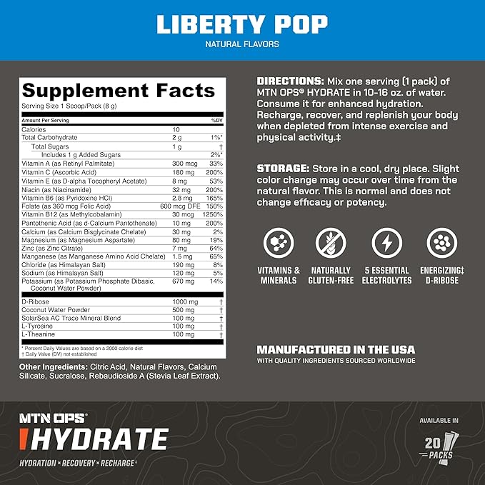 MTN OPS Hydrate Low Sugar Electrolyte Powder Drink Mix with 1g D-Ribose Sugar, 1000mg Electrolytes, On-The-Go Packs, 20 Stick Packs, Liberty Pop