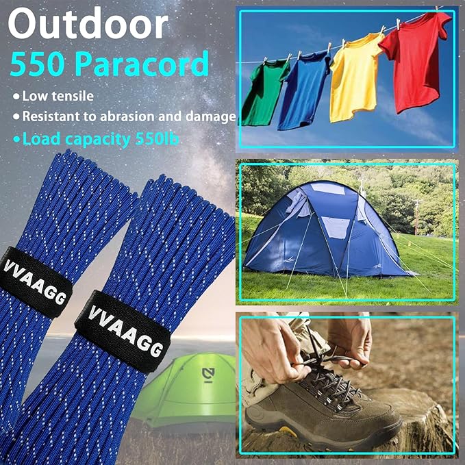 VVAAGG Reflective Paracord Rope 100FT, 7 Strand Nylon para Cord Lanyard Utility 550 Parachute Cord, 4mm Thin Tent Rope for Outdoor Camping Hiking