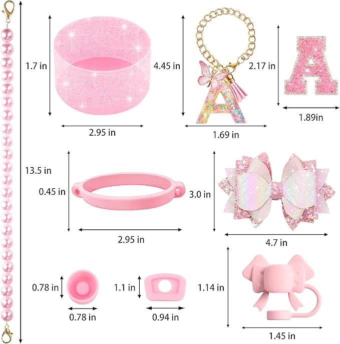 9PCS Pink for Stanley Cup Accessories Set Bling Initials Bow Charms for Stanley Decorations 30/40 Oz Tumbler Accessories Including Bow Straw Topper, Handle Strap, Spill Stopper（Letter A）