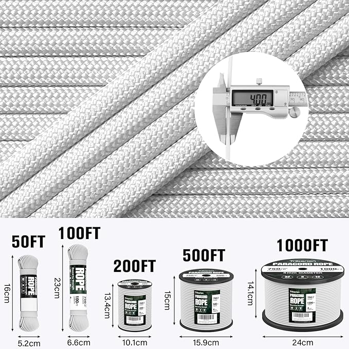Paracord Rope 750 lb - 100ft 5/32" Parachute Cord 4MM 12-Strand para Cord - Heavy Duty Spool String for Survival,Camping Gear, Survival Bracelet, Clothesline - White