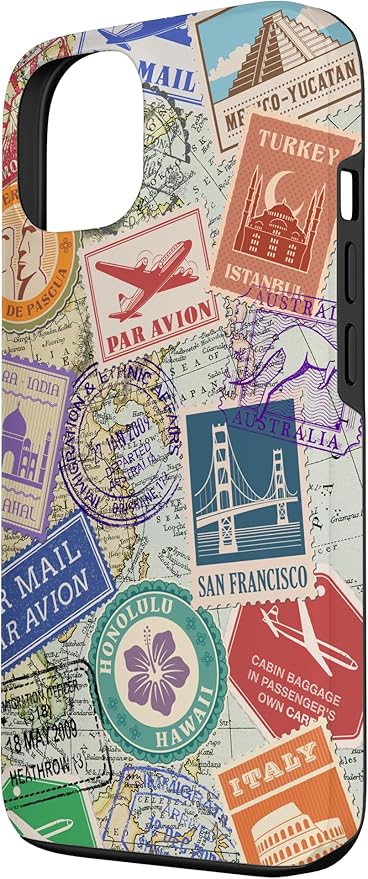 World Map Travel Passport Stamps Postage Stamp Case for iPhone 13