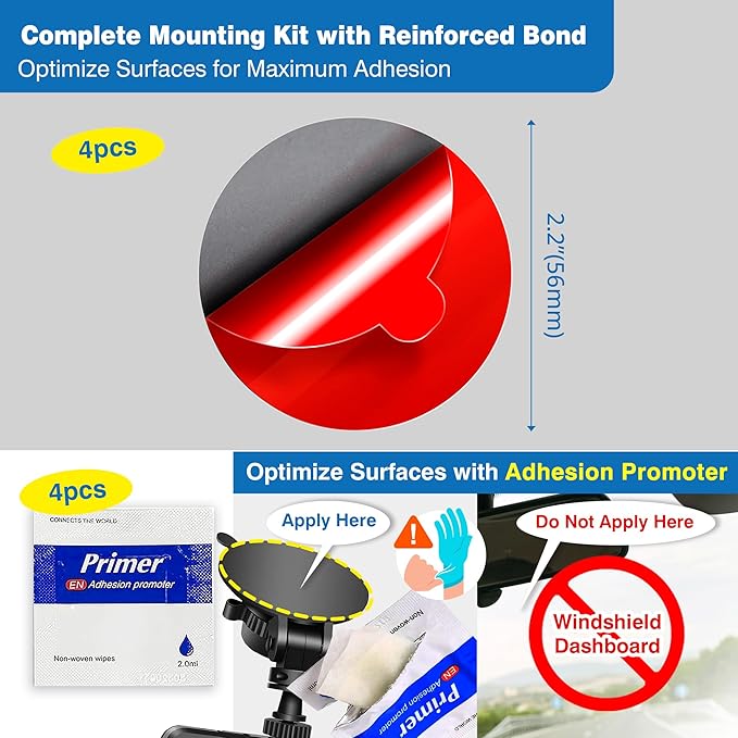 Double-Sided Adhesive Pads for Dash Cam Mount – 4-Pack 2.2" (56mm) Round High-Bond Heat-Resistant Mounting Tape for Windshield, Dashboard, GPS & Camera Holders – Includes Adhesion Promoter