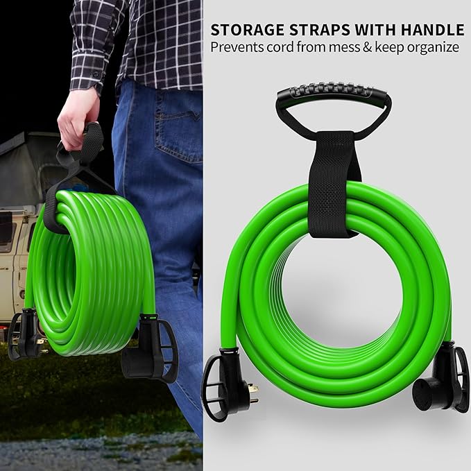 POWGRN 30 Amp RV Extension Cord 25 FT Outdoor with Grip Handle, Flexible Heavy Duty 10/3 Gauge STW 3 Prong RV Power Cord with Cable Organizer, NEMA TT-30P to TT-30R, Green, ETL Listed