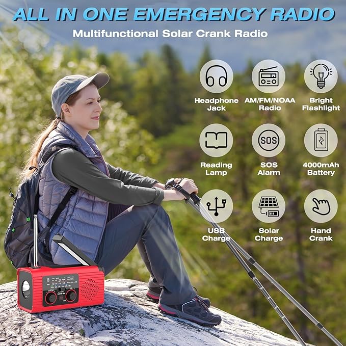 NITIGO Emergency Weather Radio NOAA AM FM WB with 4000mAh Rechargeable Radio, USB Solar Hand Crank Charging, Flashlight, SOS Alarm, Reading Lamp Portable for Outdoor Indoor Emergencies, 2 Pack