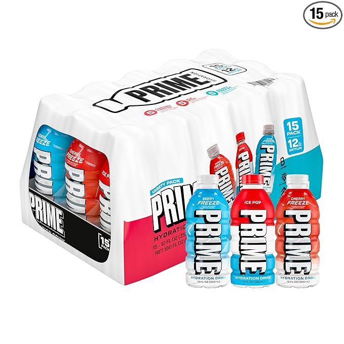 PRIME HYDRATION Variety, Berry Freeze, Cherry Freeze, & Ice Pop Sports Drinks, Electrolyte Enhanced to Replenish Fluids, Zero Added Sugar, B Vitamins, Antioxidants, Natural Flavors, 12 Fl Oz, 15 Pack