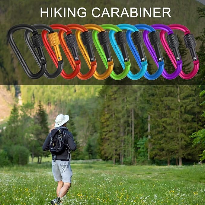 10 Pack Aluminum D Ring Key Rings Clips Locking Carabiner for Camping Fishing and Outdoor Use，Clips with Screw Gate Multicolored