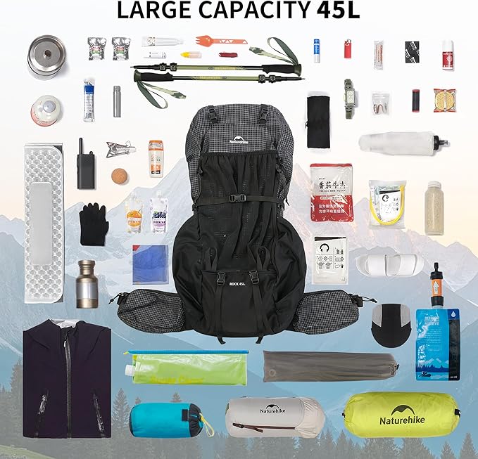 Naturehike 45L Rock 2.0 Upgraded Internal Frame Hiking Backpack for Outdoor Camping Travel Backpacking, Ultralight Backpack for Adults(Black/M/45L)