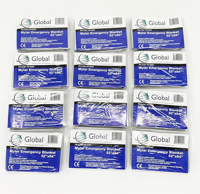 Emergency Mylar Thermal Blankets - 12 Pack | Survival Space Fire Blankets for Outdoor Adventures, Marathons, First Aid | Waterproof & Windproof | Ideal for Camping & Hiking