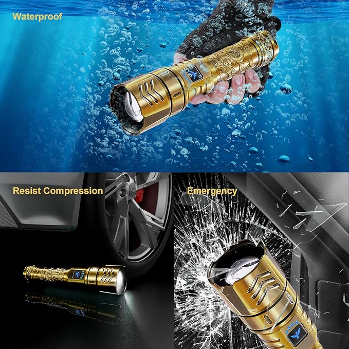 SKYFIRE LED Flashlights High Lumens with Ignition Lens,3000lm Super Bright Rechargeable Flashlight,Zoomable 4 Modes Waterproof Tactical Flash Light for Camping Essentials Outdoor and Home Gift