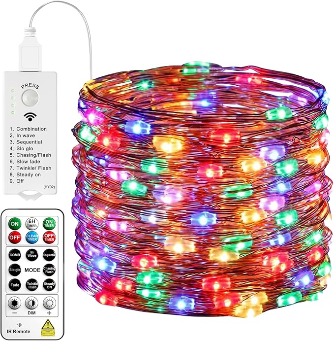 HXWEIYE Rechargeable Fairy Lights with Remote & DIY Timer, 33ft 100LED Battery Operated Twinkle String Lights, 8 Modes Decor Light for Bedroom Indoor Wedding Dorm Christmas Tree Party (Multicolor)