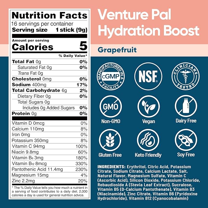 Venture Pal Sugar Free Electrolyte Powder Packets - Liquid Daily IV Hydration Packets for Rapid Rehydration | 7 Electrolytes & 5 Vitamins | Keto Friendly | Non-GMO | Vegan | Fast Dissolve | 16 Sticks