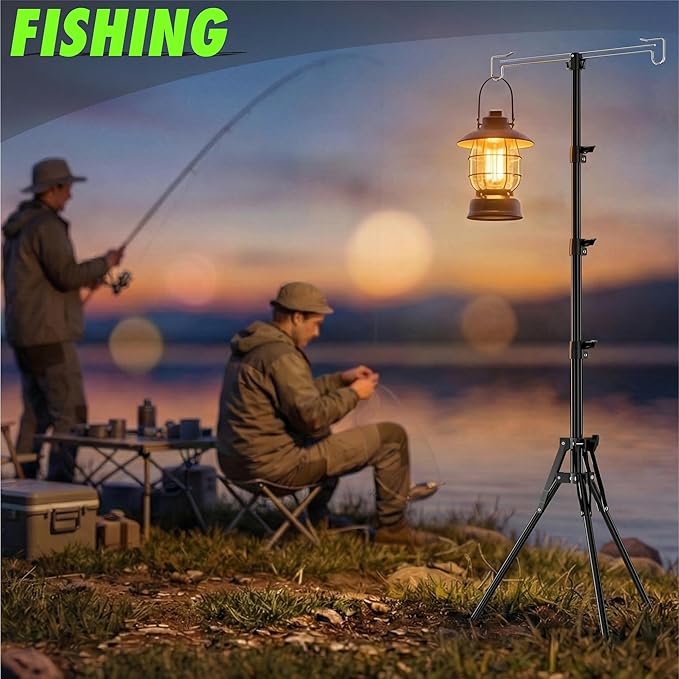 Telescopic Height Adjustable Camping Lantern Tripod Stand - 2-Hook Lantern Hanger for Outdoor Camping/RV/Tent