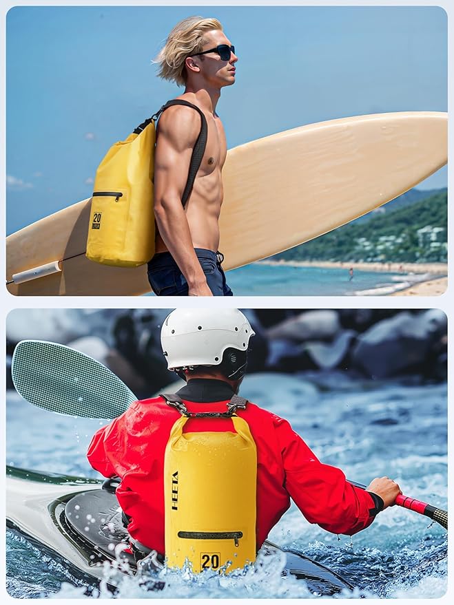 HEETA Waterproof Dry Bag with Front Zippered Pocket for Women Men, 5L/10L/20L/30L/40L Roll Top Lightweight Dry Storage Bag Backpack for Travel, Kayaking, Boating, Rafting, Camping, Hiking & Beach