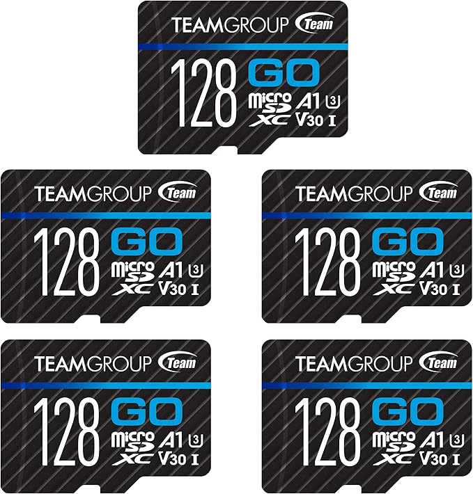 TEAMGROUP GO Card 128GB x 5 Pack MicroSDXC UHS-I U3 V30 4K for Action Cameras & Drone High Speed Flash Memory Card with Adapter for Outdoor Sports&Vlog, 4K Shooting,GoPro&Insta360&DJI TGUSDX128GU363