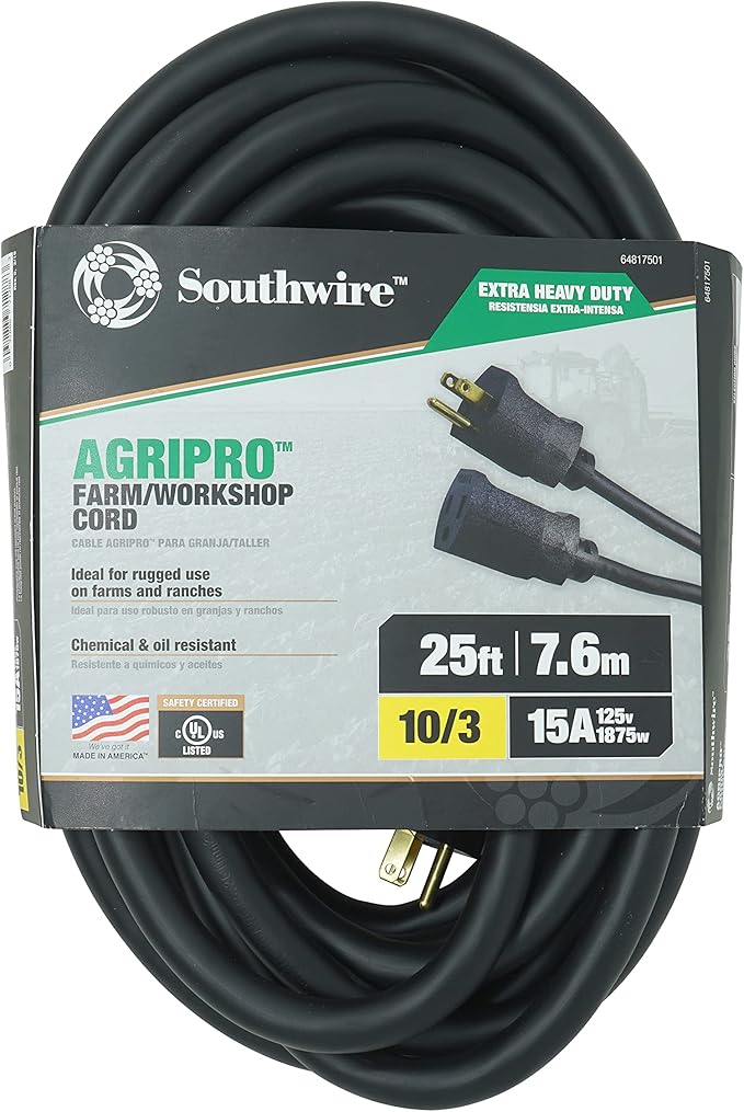 Southwire AGRIPRO 10/3 Extra Heavy Duty Extension Cord, 25ft, Farm/Workshop Cord, SJTOW, Black, 64817501