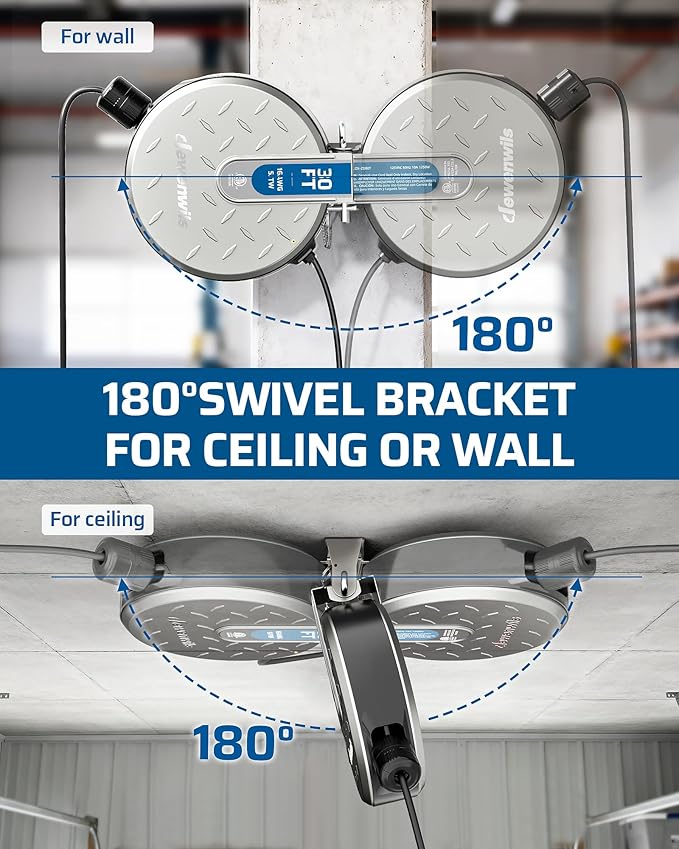 DEWENWILS 30FT Retractable Extension Cord Reel, Ceiling/Wall Mount 16/3 SJTW Power Cord with 3 Lighted Triple Outlets for Garage Shop, 10 Amp Circuit Breaker, Metal Plate, ETL Listed, Silver