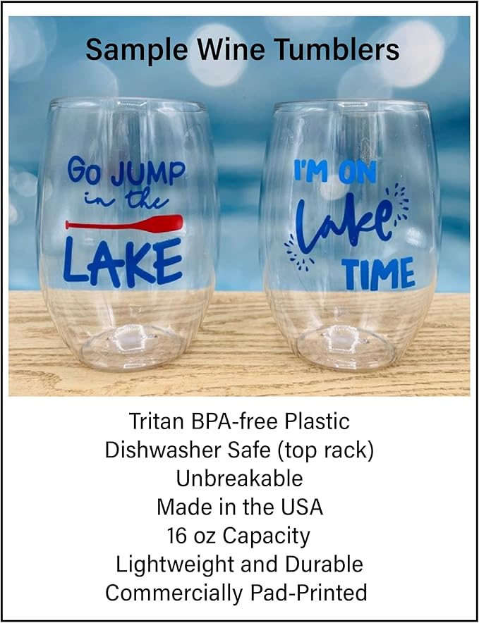 Set of 4 Shatterproof Designer 16 oz Plastic Wine Glasses MADE in the USA (WINE SAYINGS)