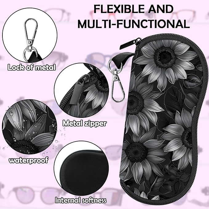 Glasses Case Sunglasses Eyeglass Soft Case Zipper Light Neoprene Pouch with Metal Belt Clip Aesthetic Cute Women Men