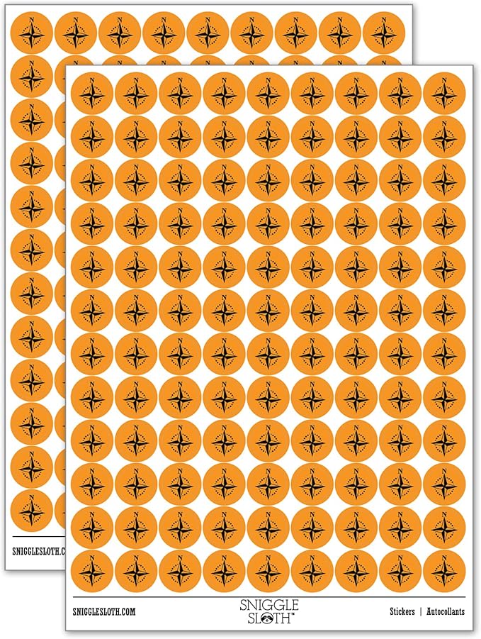 Compass Rose Nautical Star Navigation Map 200+ Round Stickers - Gloss Finish - 0.50" Size - Orange
