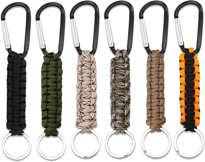 6 Pcs Paracord Keychains with Carabiner, Braided Lanyard Hook Clip for Keys, Camping, Hiking, Backpack, Knife, Flashlight - 6 Vibrant Colors