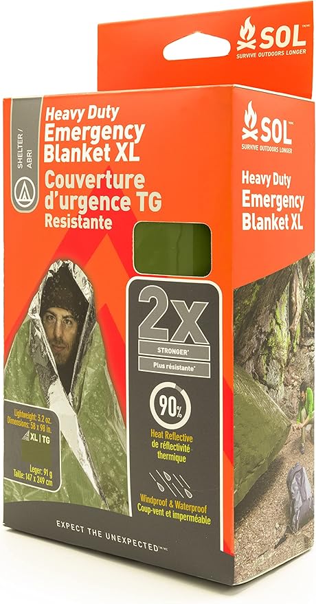 S.O.L. Survive Outdoors Longer 90% Heat Reflective Heavy-Duty Emergency Blanket - Thick, Rugged for Disaster Preparedness Kit - Waterproof, Windproof, Tear-Resistant - 58" x 98", 3.2 oz, Green