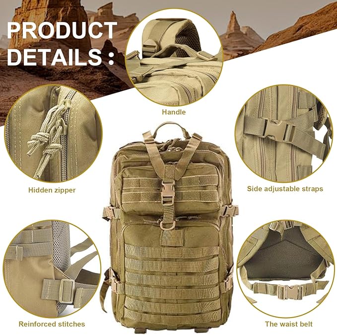 aiGear Tactical Backpack for Men, 45L Military Backpack, 3-Day Bug Out Bag for Camping Hiking Hunting with Molle System Army Daypack (45L Khaki)