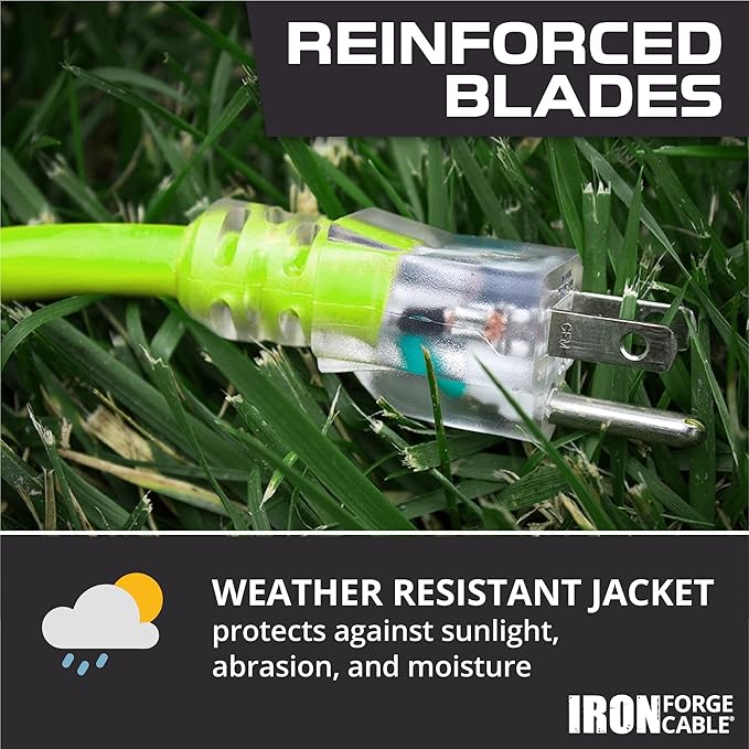 Iron Forge Cable Weatherproof 25 Ft Outdoor Extension Cord Neon Green - 12/3 SJTW 15 Amp Heavy Duty Light Green High Visibility Cable with 3 Prong - Lighted End
