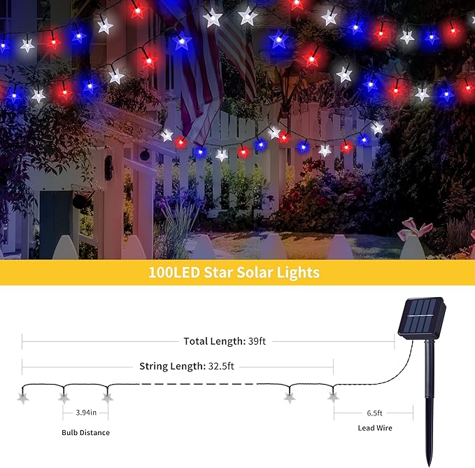 2 Pack Solar Powered Outdoor Patriotic Star String Lights, 100 LED 33 FT Each July 4th Decorative Lights, 8 Lighting Modes, Waterproof for Independence Day Party Patio Garden Decor, Red White & Blue