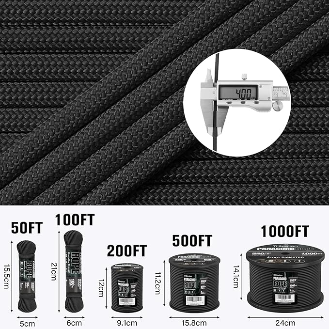 Paracord Rope 550 lb - 100ft 5/32" Parachute Cord 4MM 7-Strand para Cord - Heavy Duty Spool String for Survival,Camping Gear, Survival Bracelet, Clothesline - Black