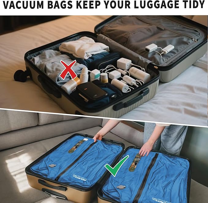 Reusable Vacuum Bags for Travel With Pump,Professional Waterproof IPX8 Vacuum Compression Bag for Suitcases Backpack,Space Saver Bags Packing Organizers for Clothing Packing(2 Pack,Blue)