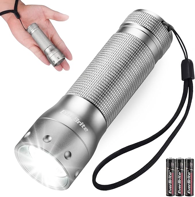 EverBrite Mini Flashlight, Zoomable LED Flash Light, 3 Modes, 3AAA Batteries Included, Handheld Small Flashlight for Camping, Emergency, Home, Grey