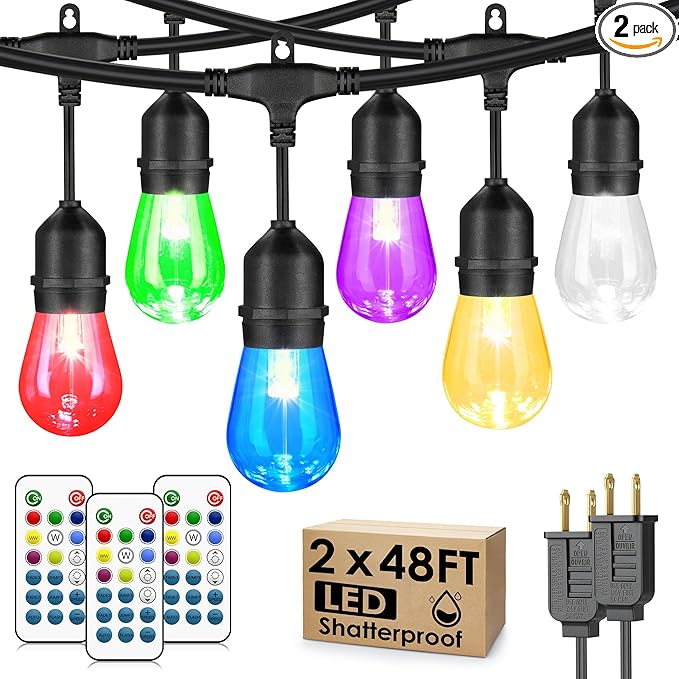 Larkvue 96FT(2X48FT) RGBW Outdoor String Lights with Remote, Patio Lights with 30+3 Vintage S14 Dimmable Waterproof Bulbs for Xmas Bistro Cafe Outside