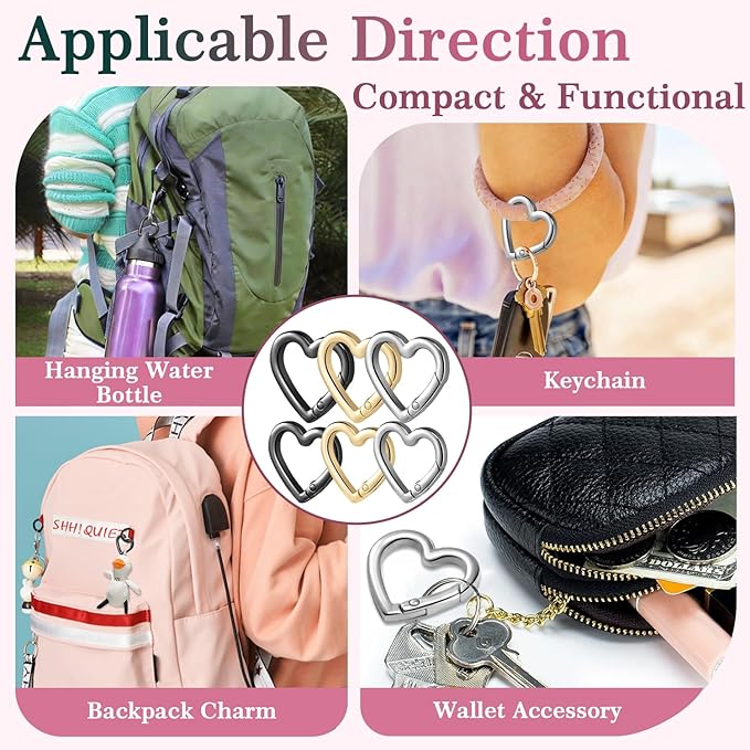 4pcs Heart Carabiner Keychain Clip, Metal Spring Heart Rings Hook Key Ring Carabiner Clips for Purse Bag Charms Backpack Strap Dog Tags Hang Water Bottle Paracord Keychain Lanyard(Gold,25mm,29mm)
