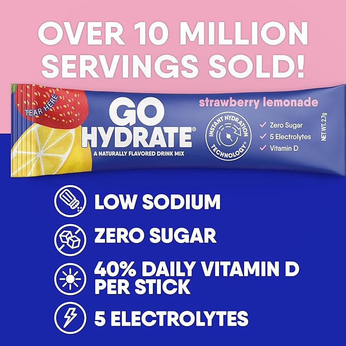 GoHydrate Low Sodium Electrolytes Powder Packets Sugar Free - Instant Hydration Daily Drink Mix - Zero Sugar Water Flavor Packet Singles with Vitamin D - (Strawberry Lemonade, 30 Packs)