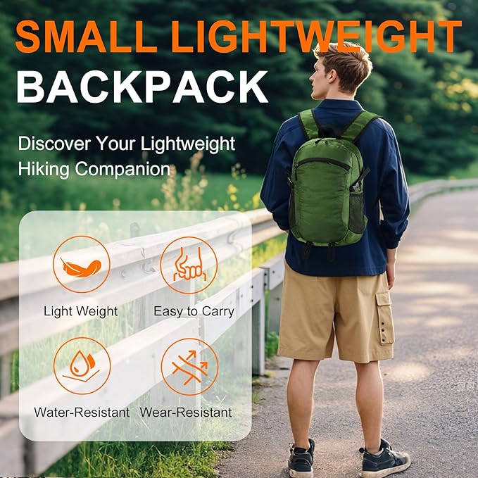 Small Hiking Backpack Travel Lightweight Hiking Packable Daypack Water-Resistant Foldable Backpacks 15L for Travel Women Men Camping (Deep Green)
