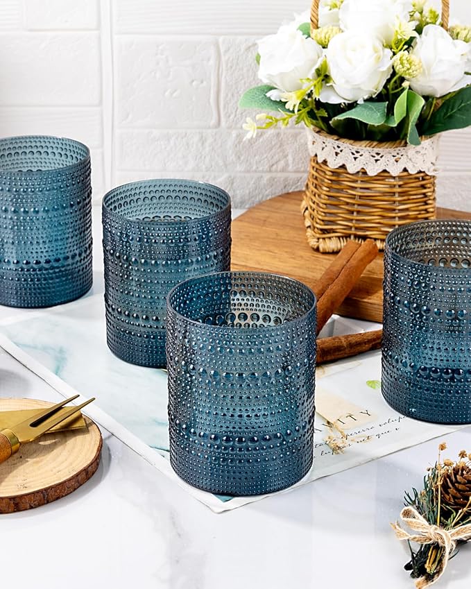 18PCS Hobnail Plastic Drinking Glasses - 14Oz Beaded Mixed Drinkware Sets Disposable - Blue Vintage Plastic Bubble Easter Glassware for Beer, Juice, Cocktail, Whiskey, and Various Mixed Drinks
