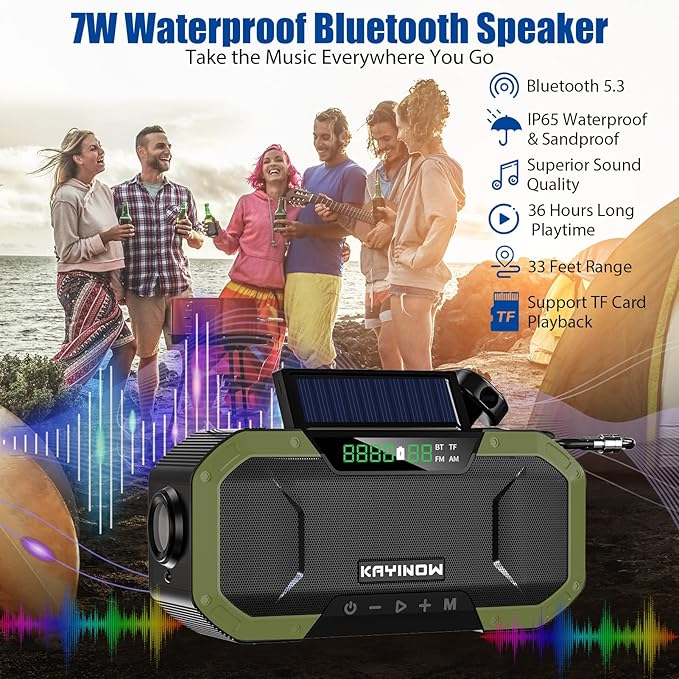 Hand Crank Solar Power Emergency Radio with Waterproof Bluetooth Speaker,Portable AM FM NOAA Weather Radio,5000mAh/18500mWh Rechargeable, Phone Charger,Flashlight,SOS,Survival Storm Camping
