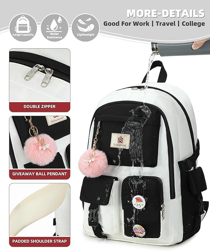 Hidds Laptop Backpacks 15.6 Inch School Bag Elementary Middle High College Backpack Cute Bookbags Anti Theft Travel Back Pack Casual Daypack Kids Book Bag for Teens Girls Women Students-Black Beige