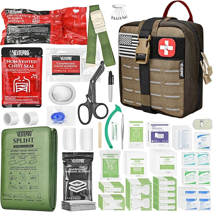 144 Pcs Advanced Trauma First Aid Kit - Emergency Camping Gear with Tourniquet, Compression Bandage, 36" Splint | Portable Survival Gear for Outdoor, Home, Camping- Gift for Husband Dad and Wife-Brown