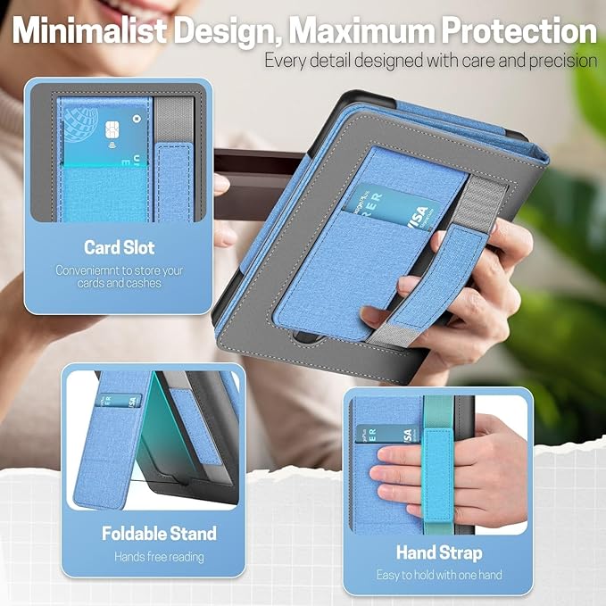TNP Stand Case with Strap for Kindle Paperwhite 12th Gen 2024 / Kindle Colorsoft Signature Edition - 7" PU Leather Protective Folio Cover with Auto Wake/Sleep & Card Slot, Denim Blue