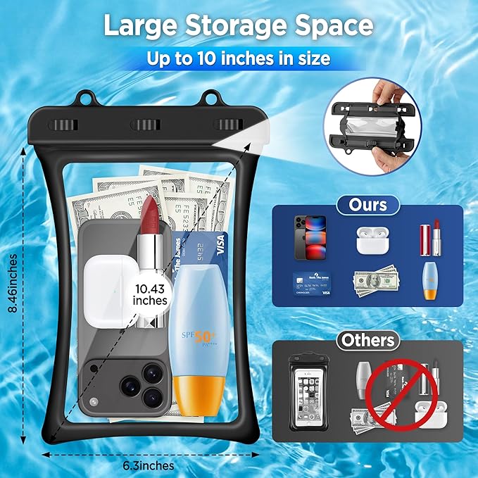 CACOE [Floatable Floating Universal IPX8 Waterproof Phone case 2 Pack-Up to 10.0",Adjustable Lanyard Phone Pouch,Cellphone Dry Bags for Vacation Beach Pool Kayak Cruise Travel Essentials（Black+Black）