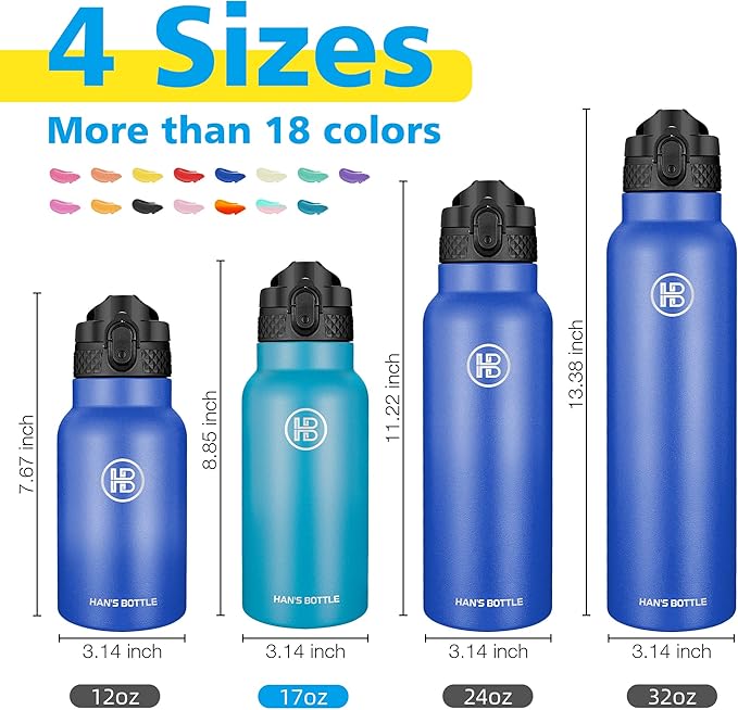 Han's Bottle Kids Water Bottle with Straw Lid - Insulated Stainless Steel Reusable Tumbler for Girls,Boys,Thermo Mug,17oz,Ocean