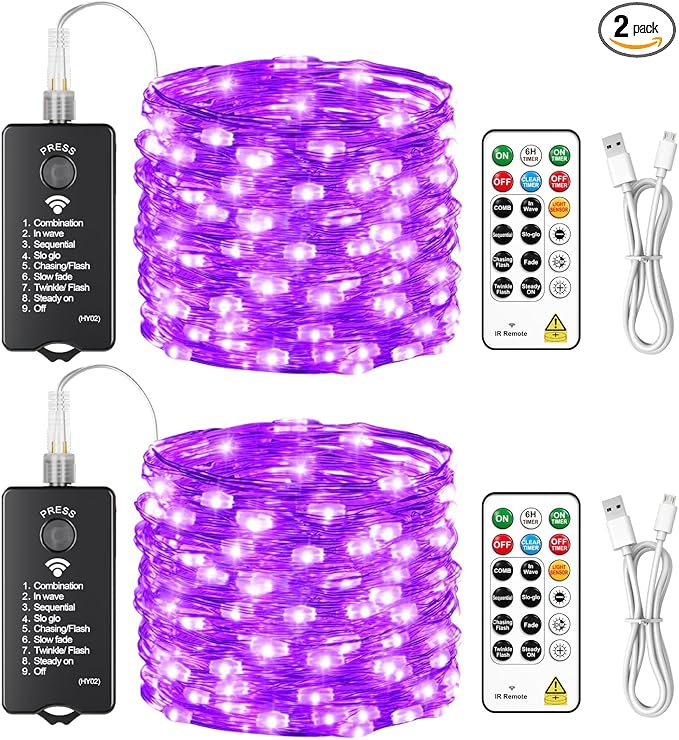 HXWEIYE Rechargeable Fairy Lights with Remote, 2 Pack 33ft 100LED Twinkle Lights with DIY Timer & Light Sensor, Waterproof Outdoor String Lights for Bedroom Patio Christmas Tree Decor, Purple