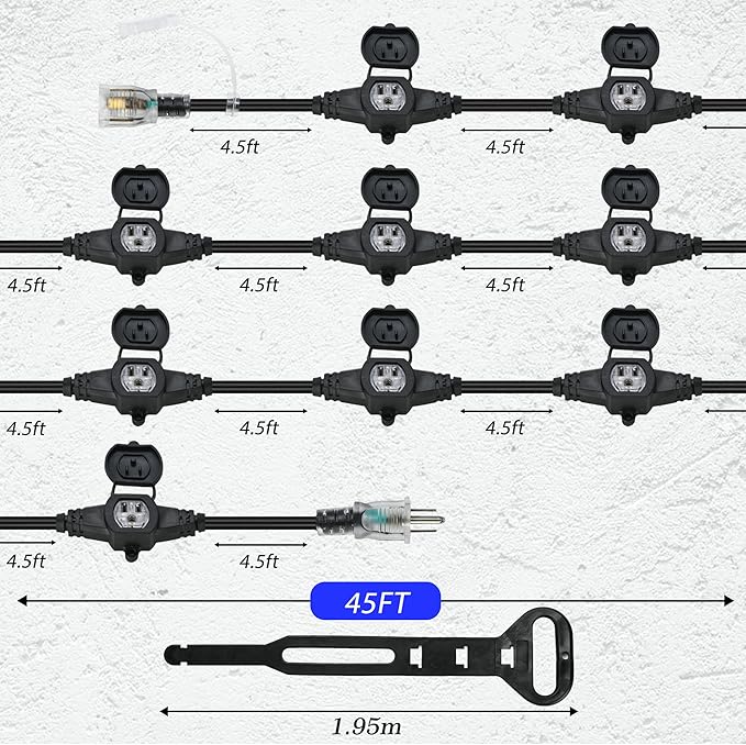 50FT 12 Gauge Multi-Outlet Outdoor Extension Cord, 10 Evenly Spaced Weatherproof Outlets, Great for Stage Backdrops, Landscape Garden Lighting, Christmas Decorations