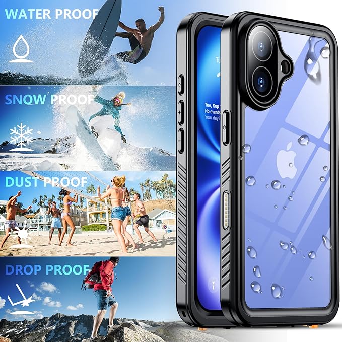 SPIDERCASE for iPhone 16 Case with Lanyard, 12FT Military Heavy Duty Rugged IP68 Underwater Full Body Sealed Protection Phone Case 6.1”, [Built-in Camera & Screen Protector], Black/Clear