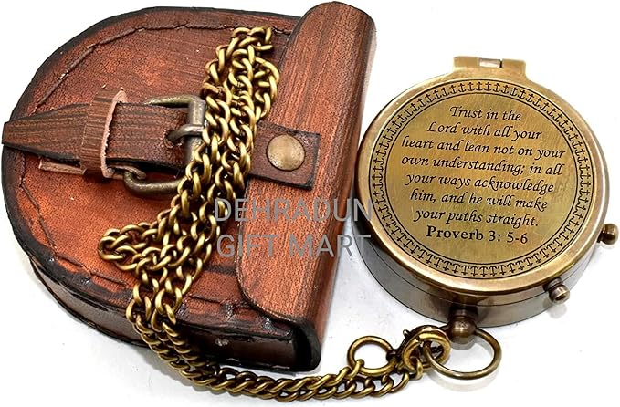 Handmade Vintage Brass Engraved Compass with Chain & Leather Case, Antique Pocket Navigation Compass, Collectible Keepsake Gift for Men Women, Boyfriend, Hiking Camping Maritime Decor