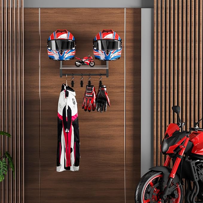 Motorcycle Helmet Holder Wall Mount, Helmet Rack with 4 Glove Clips, Motorcycle Gear Rack Storage, Motorcycle Accessories Organizer for Entryway or Garage