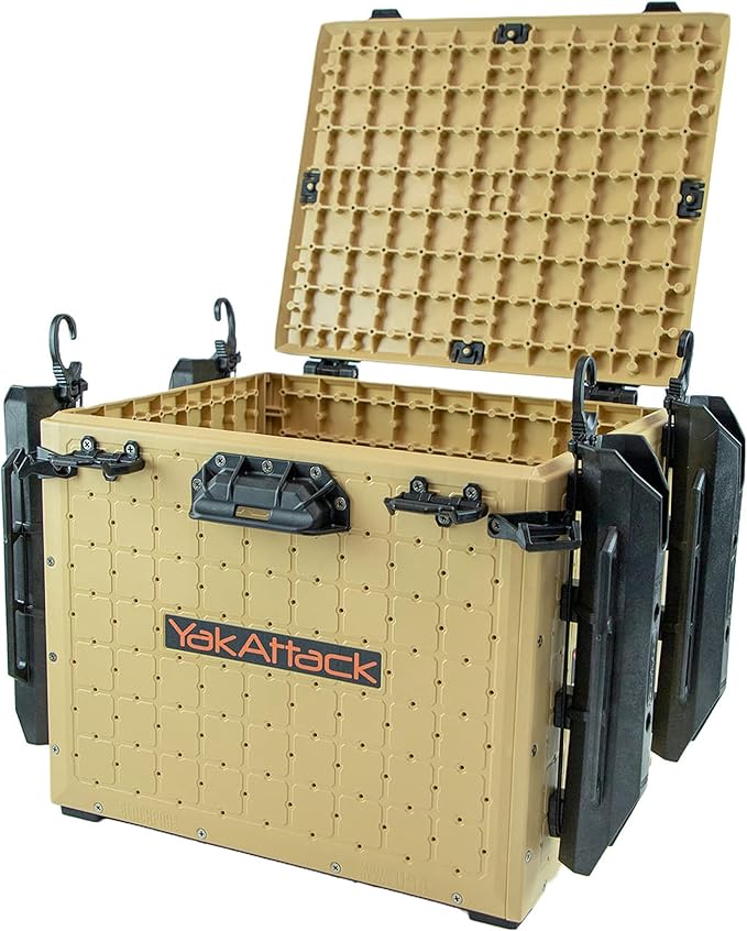YakAttack BlackPak Pro 13" x 16" Kayak Fishing Crate with 4 Rod Holders - Desert Sand | Tackle Storage Box & Gear Organizer for Kayaks | Lightweight, Durable & Customizable Marine Fishing Accessory