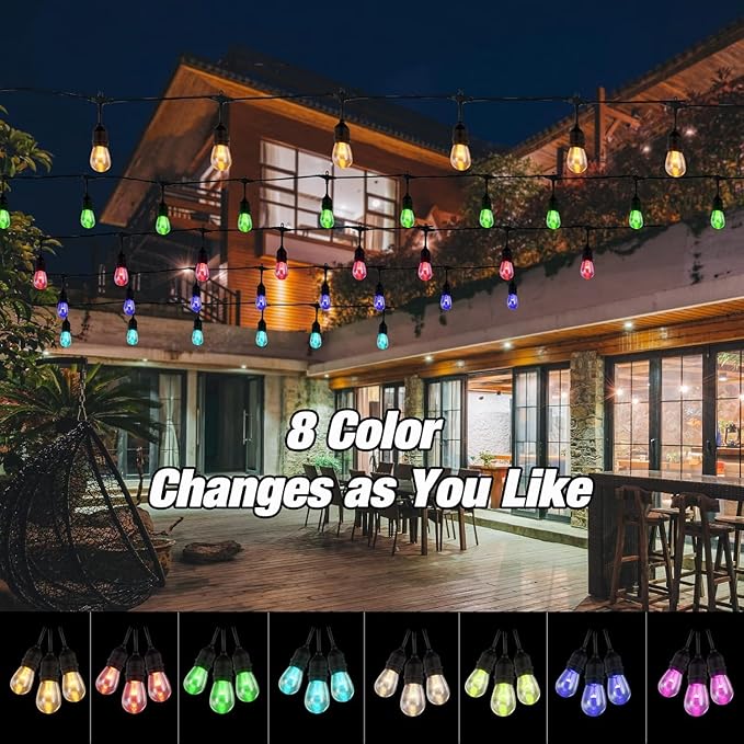 Auroraworld 96FT Solar RGB Outdoor String Lights, Dimmable Waterproof LED Patio Lights with Remote, 30 Shatterproof Bulbs for Garden Party Decor